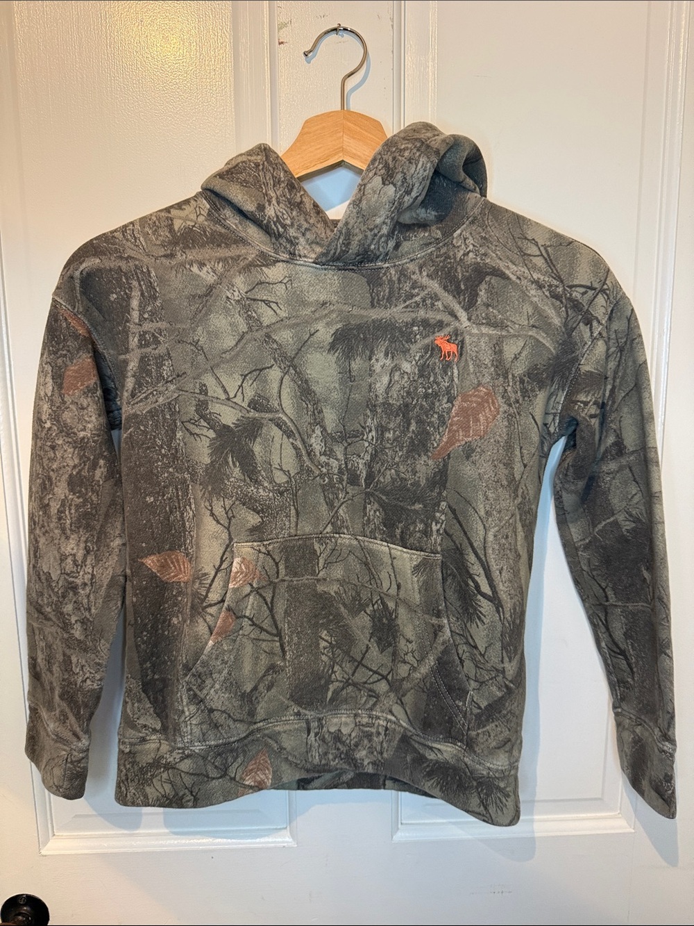 abercrombie kids Olive Green Camo Hooded Sweatshirt with Orange Logo